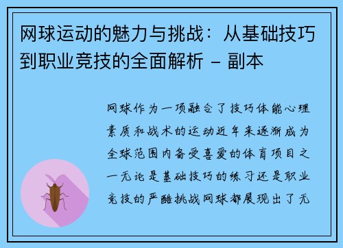 网球运动的魅力与挑战：从基础技巧到职业竞技的全面解析 - 副本